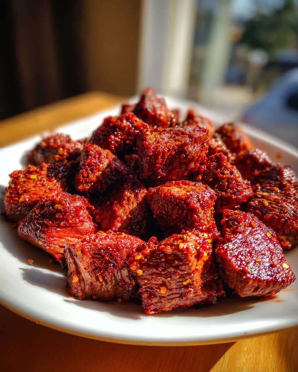 Close-up of delicious spicy Cajun air fryer steak bites on a white plate, glistening with seasoning.