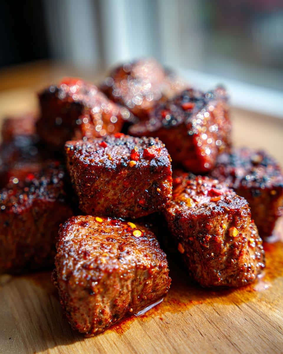 Close-up of juicy spicy Cajun air fryer steak bites seasoned with red pepper flakes.