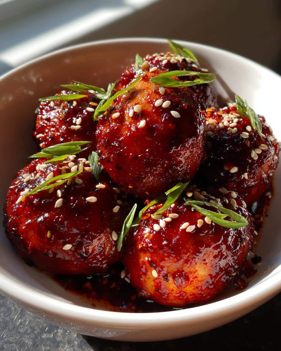 A bowl of spicy egg boil (spicy boiled eggs) coated in a glossy red sauce, sprinkled with sesame seeds and chopped green onions.