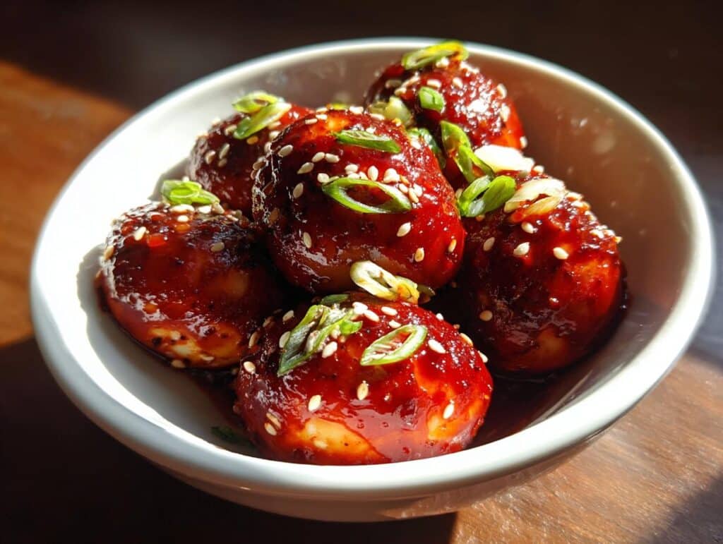 A white bowl filled with glossy, dark red spicy egg boil (spicy boiled eggs), garnished with sesame seeds and green onions.