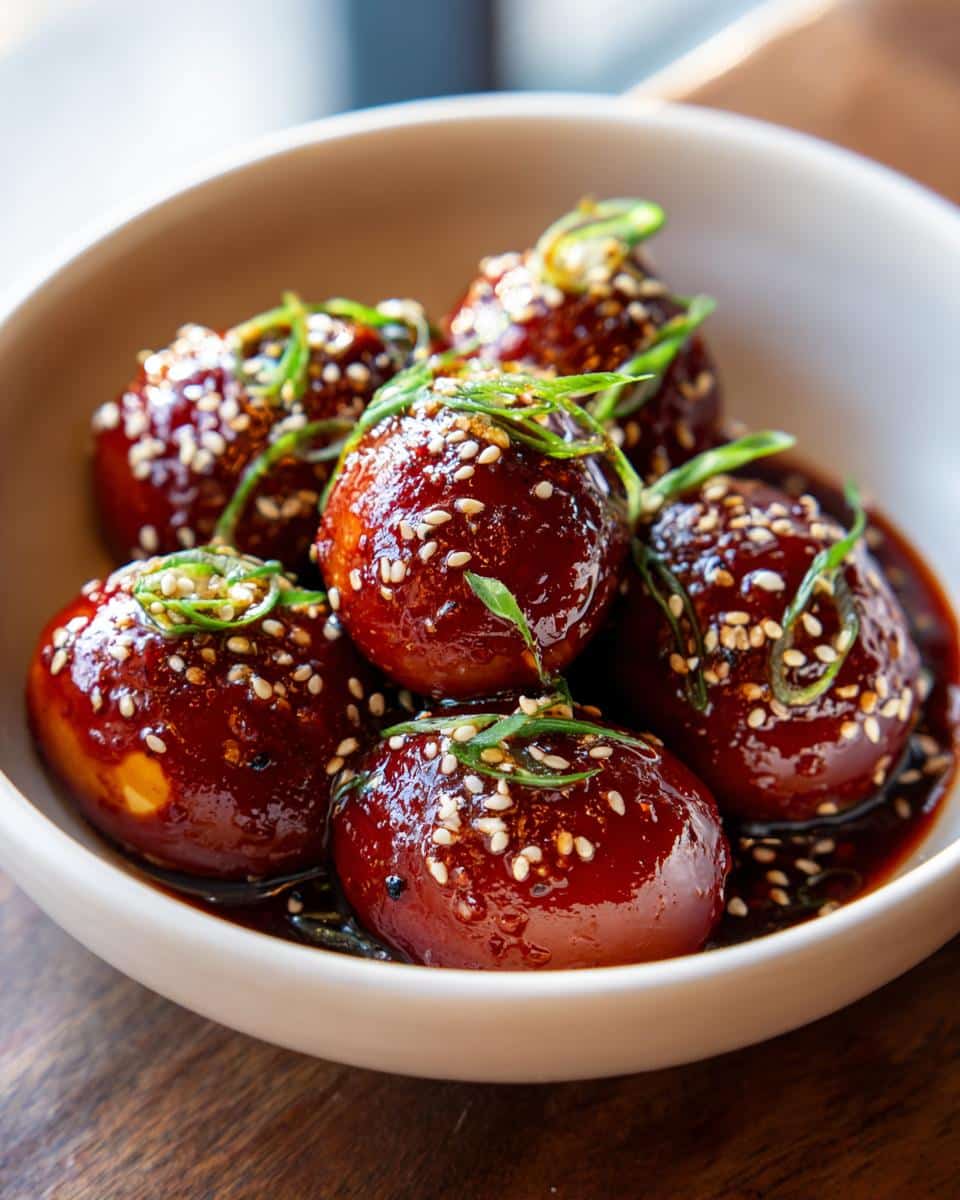 A bowl of glossy, dark red marinated eggs, sprinkled with sesame seeds and green onions. These are spicy egg boil.