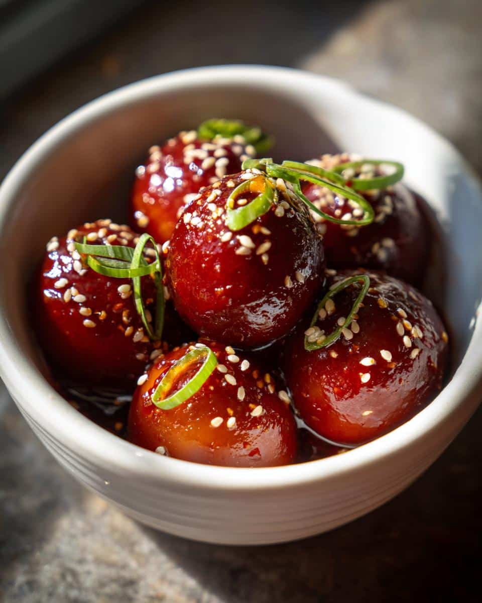 Close-up of spicy egg boil eggs coated in a glossy sauce, sprinkled with sesame seeds and garnished with green onions.