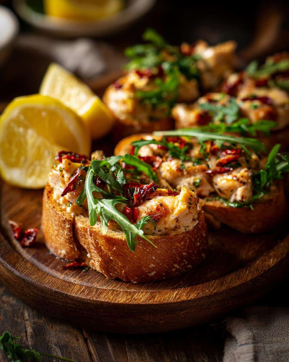 Close-up of bruschetta topped with flaked tinned fish, sun-dried tomatoes, and arugula for a Tinned Fish Date Night.