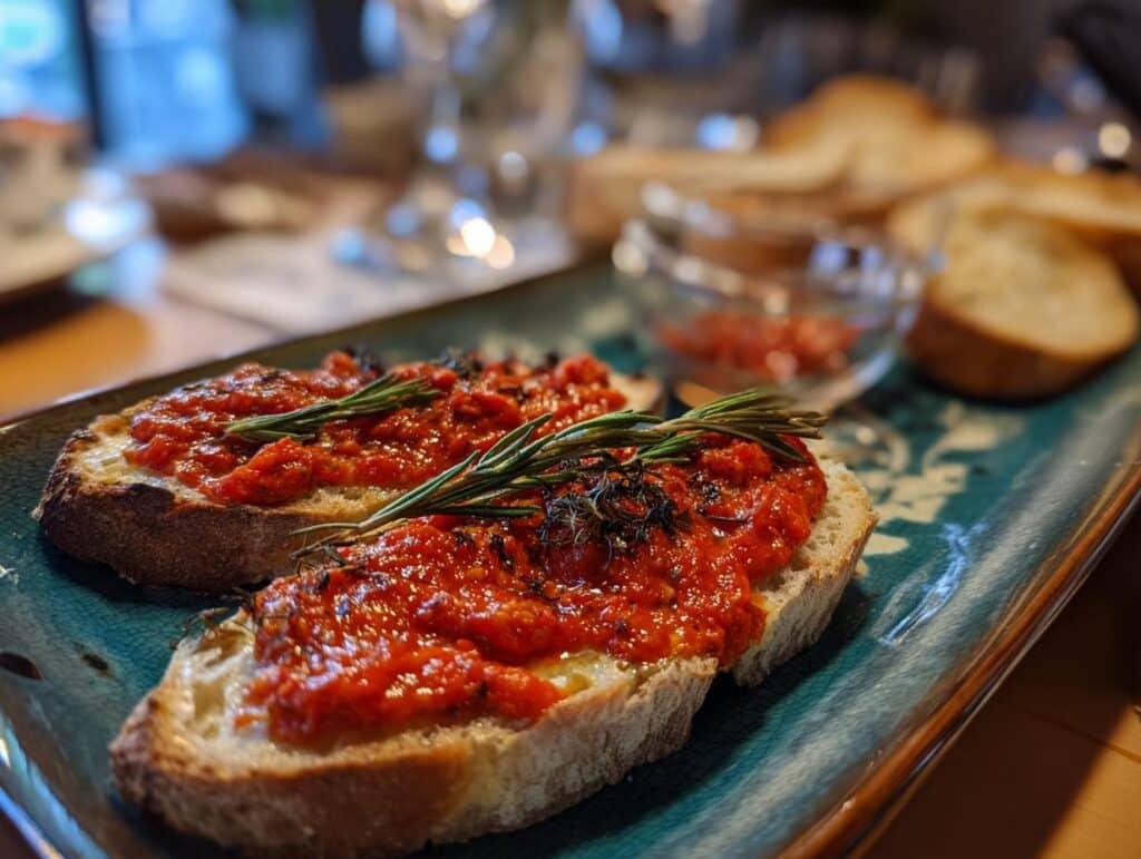 Two slices of toasted bread topped with a vibrant red spread and rosemary for a Tinned Fish Date Night.