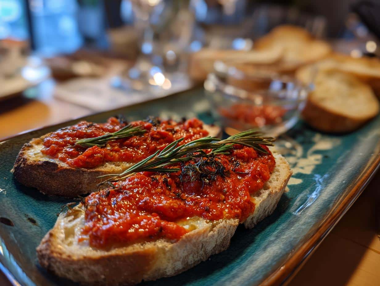 Two slices of toasted bread topped with a vibrant red spread and rosemary for a Tinned Fish Date Night.