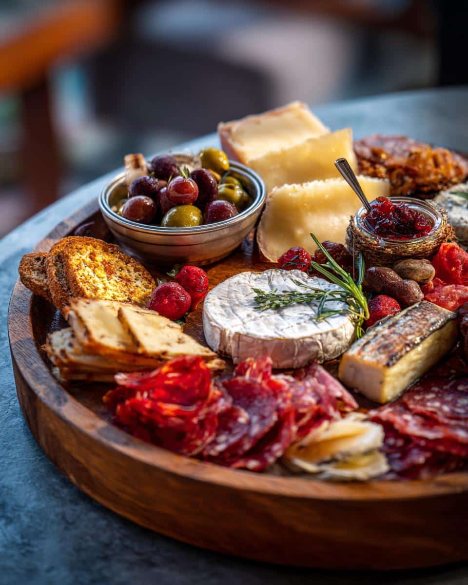 A rustic wooden board filled with a Tinned Fish Date Night charcuterie spread: cheeses, olives, cured meats, crackers, and jam.