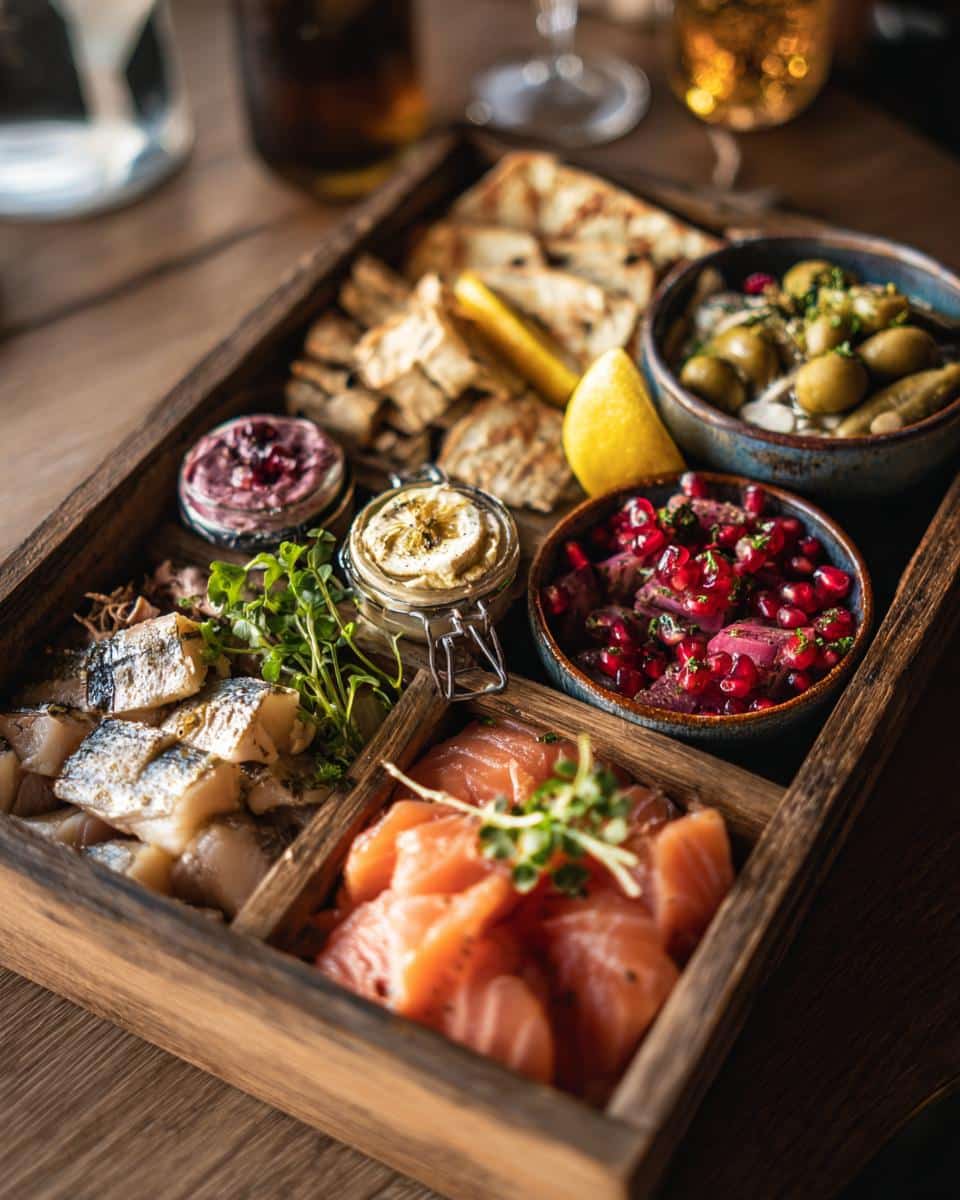 A rustic wooden platter filled with various tinned fish, salmon, dips, olives, and flatbread for a Tinned Fish Date Night.