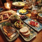 A beautifully arranged Tinned Fish Date Night platter featuring grilled fish, smoked salmon, pickles, olives, and bread.