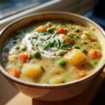 A close-up of a bowl of hearty vegan creamy vegetable soup, filled with potatoes, peas, and carrots, topped with a swirl of cream and chives.