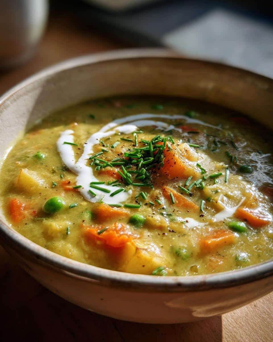 A close-up of a bowl of vegan creamy vegetable soup, featuring visible pieces of potato, carrot, and peas, topped with a swirl of cream and chives.