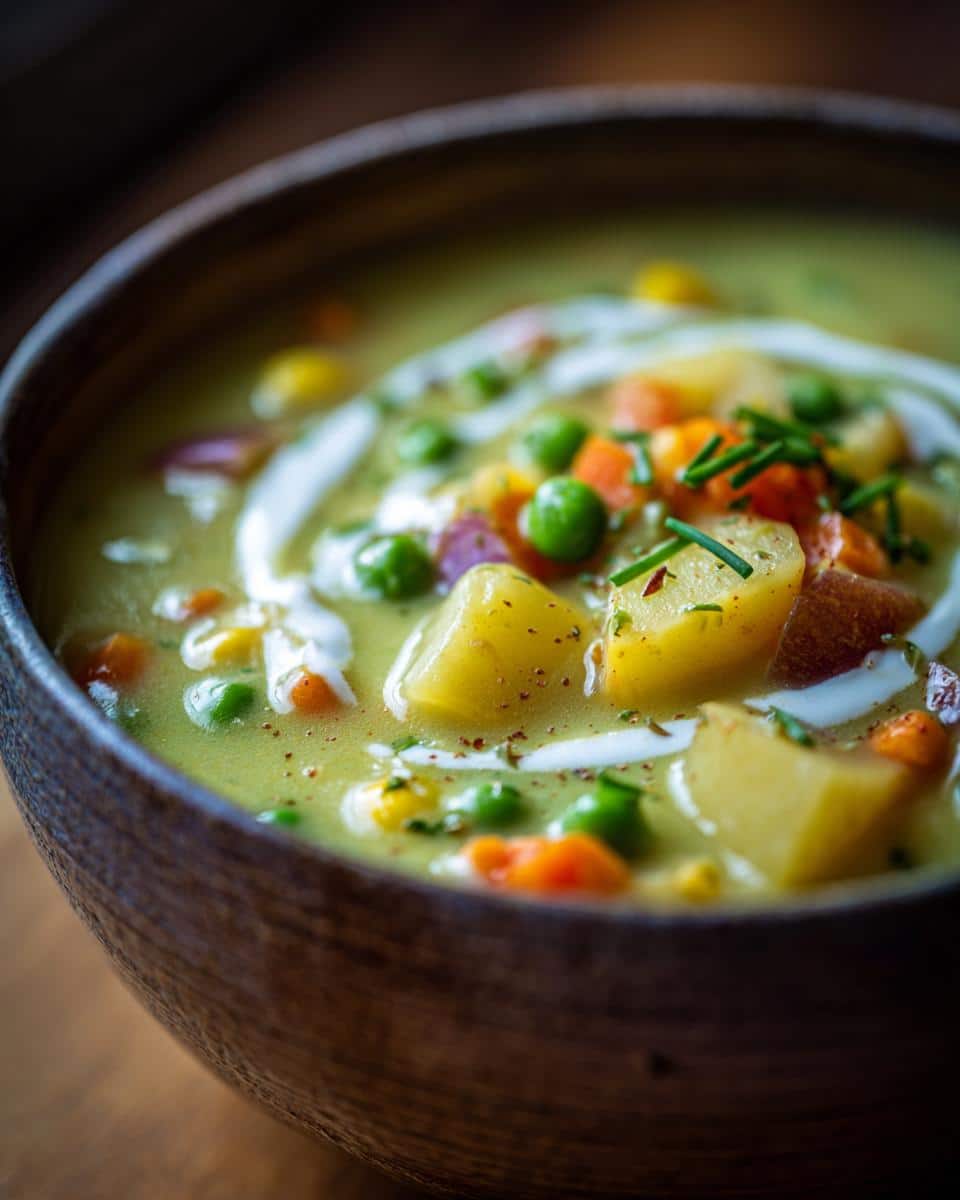 A close-up of a wooden bowl filled with hearty vegan creamy vegetable soup, featuring chunks of potato, peas, carrots, and a swirl of cream.