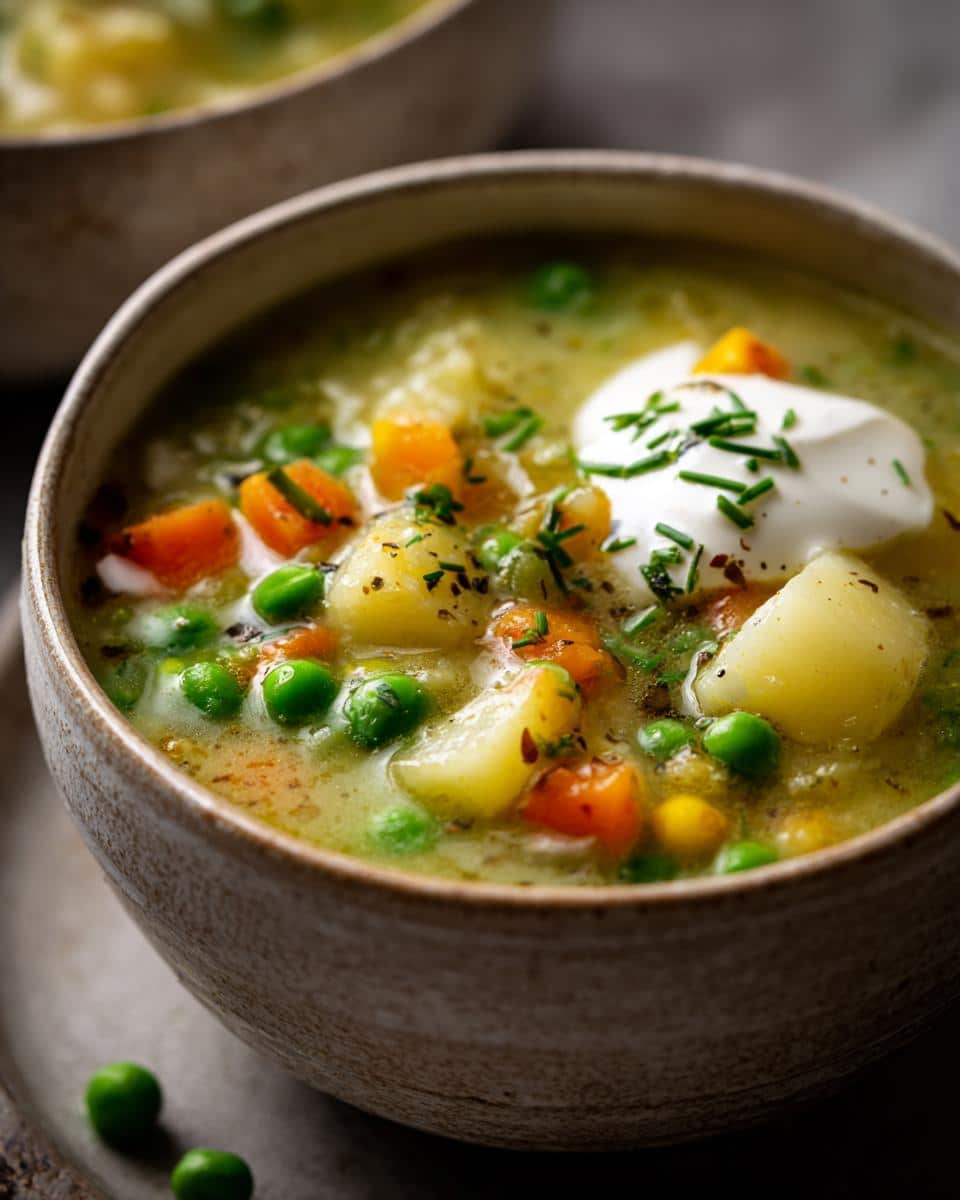A close-up of a bowl of delicious vegan creamy vegetable soup, featuring potatoes, peas, carrots, and a dollop of vegan cream.