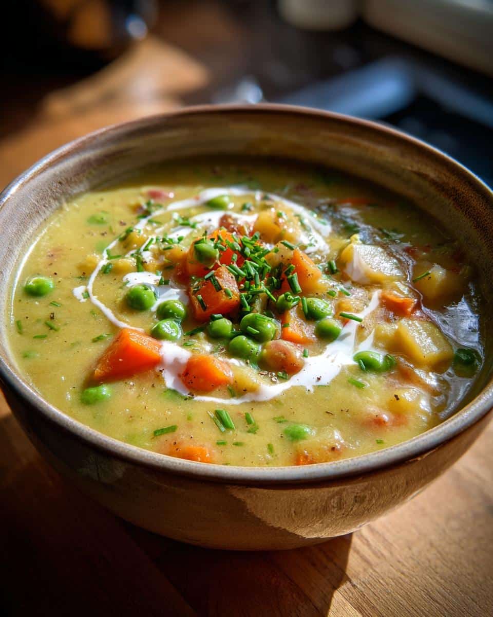 A hearty bowl of vegan creamy vegetable soup, featuring peas, carrots, and potatoes, topped with a swirl of cream and chives.