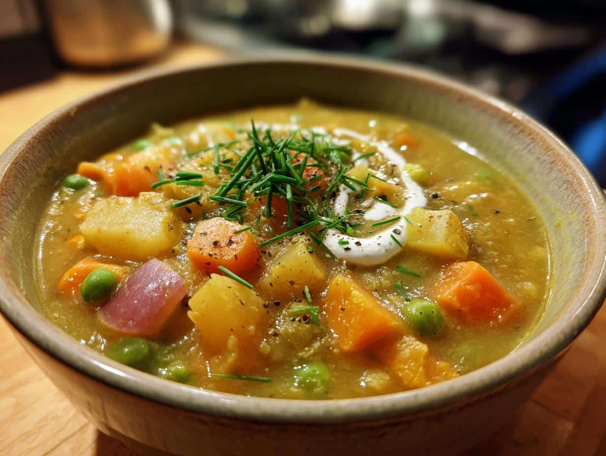 A close-up of a bowl filled with hearty vegan creamy vegetable soup, featuring chunks of potatoes, carrots, and peas, garnished with chives and a swirl of cream.