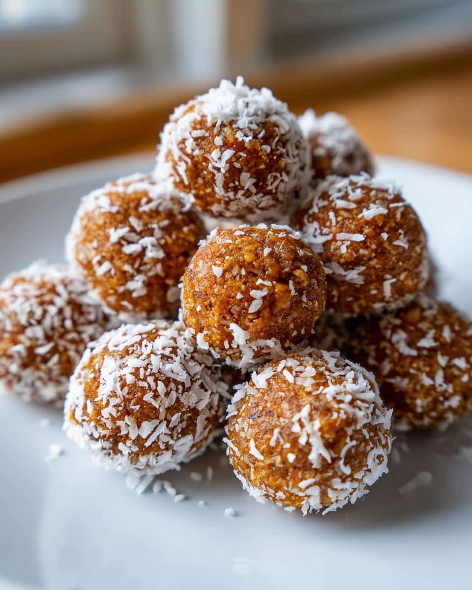 A pile of vegan no bake pumpkin bites coated in shredded coconut on a white plate.