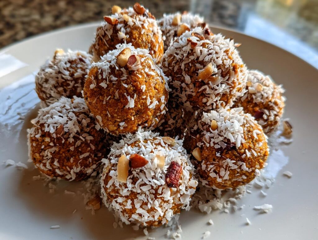 A pile of vegan no bake pumpkin bites rolled in shredded coconut and topped with chopped nuts.