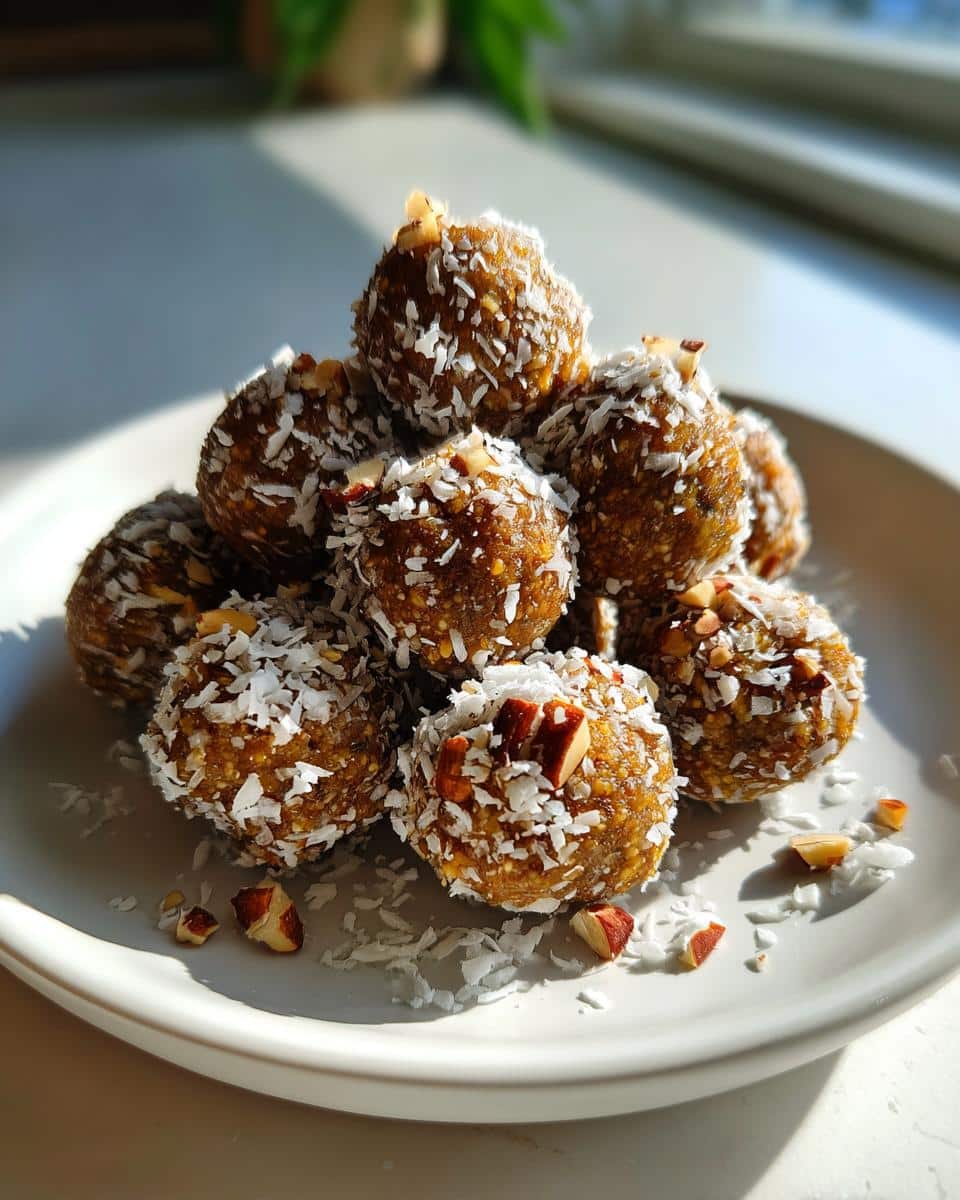 A stack of vegan no bake pumpkin bites rolled in shredded coconut and topped with chopped almonds.
