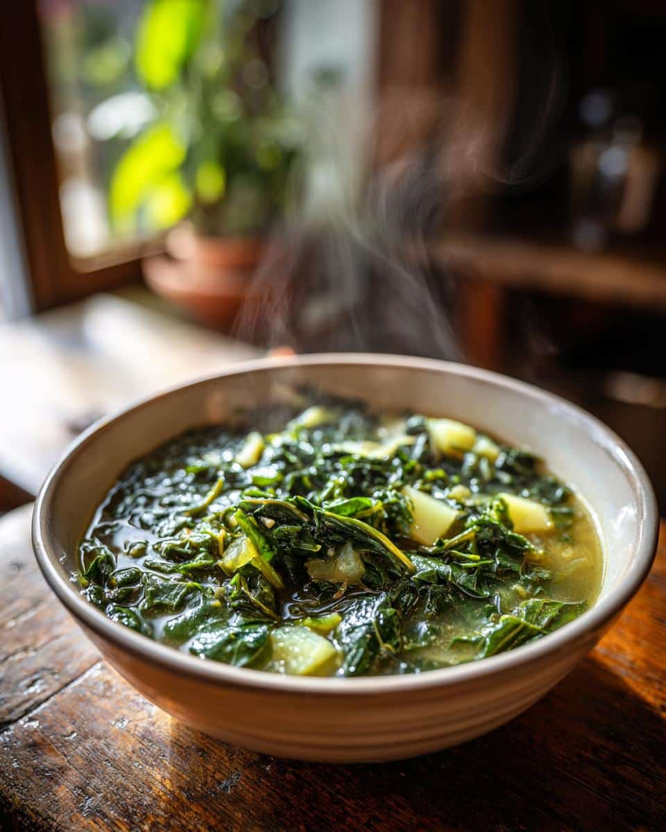 A close-up of a steaming bowl of vegetarian caldo verde, featuring kale and potatoes in a savory broth.