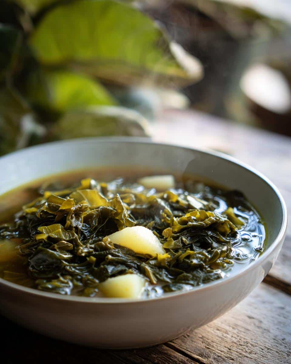 A steaming bowl of vegetarian caldo verde soup, featuring kale and potatoes in a flavorful broth.