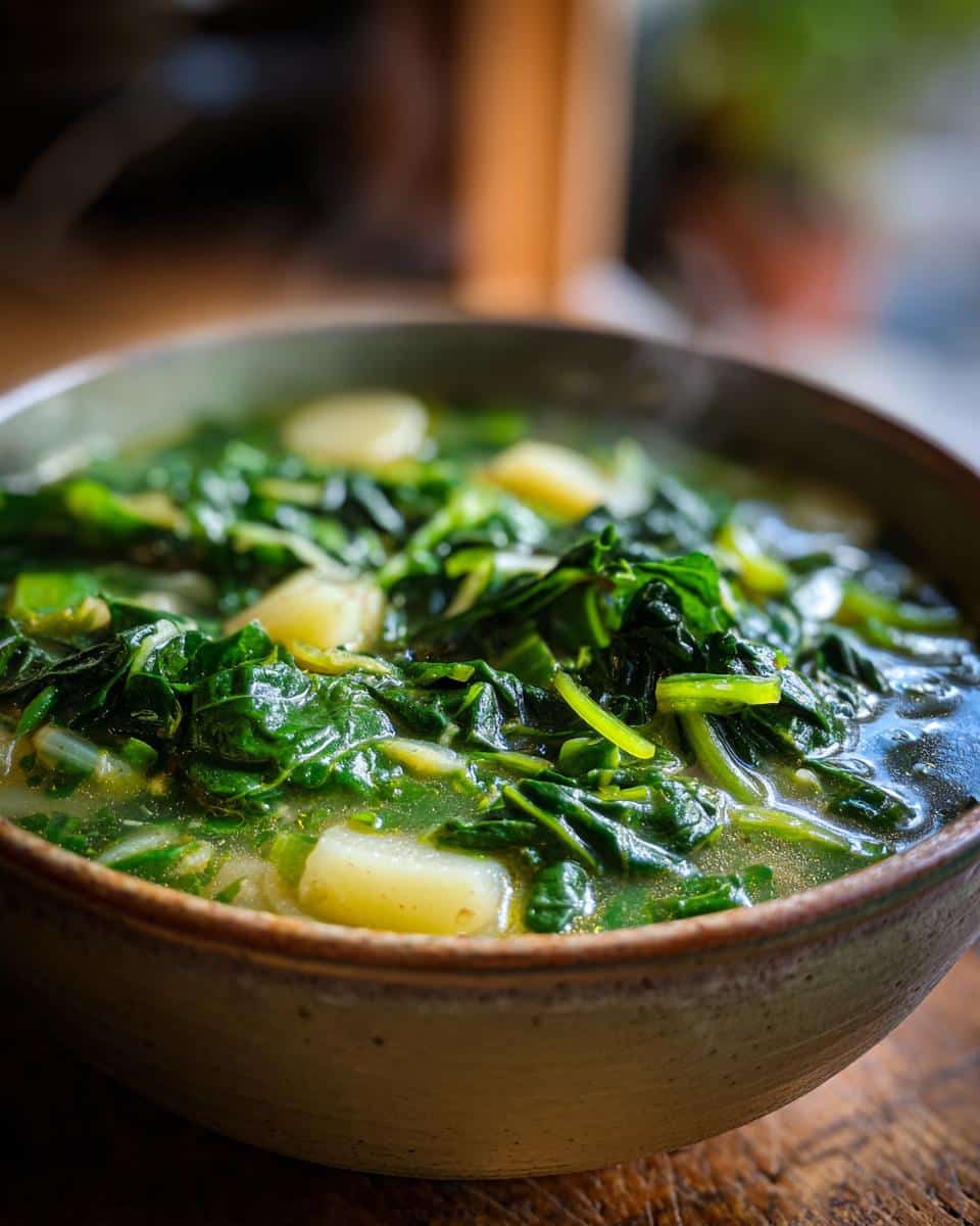A close-up of a rustic bowl filled with steaming vegetarian caldo verde, featuring kale and potato chunks.