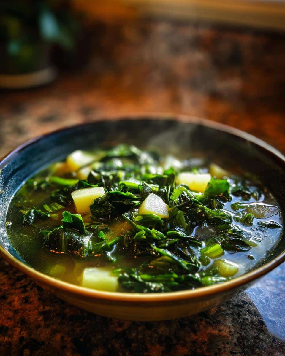 A steaming bowl of vegetarian caldo verde soup with kale and potatoes.