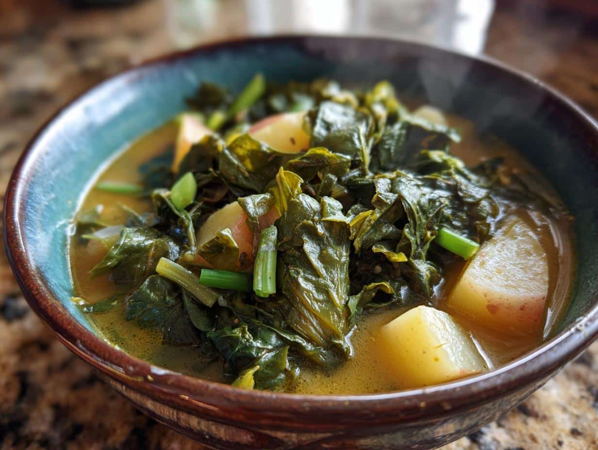 Close-up of a steaming bowl of vegetarian caldo verde soup, featuring kale, potatoes, and broth.