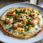 A close-up of a crispy Vietnamese Rice Paper Pizza topped with cooked shrimp, corn, and chopped green onions.