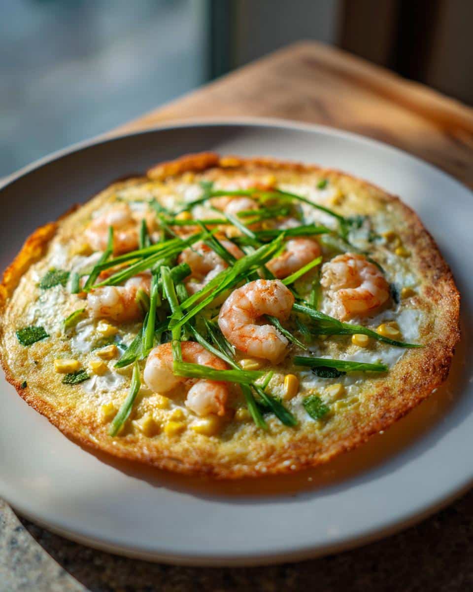 A golden-brown Vietnamese Rice Paper Pizza topped with shrimp, corn, and green onions.