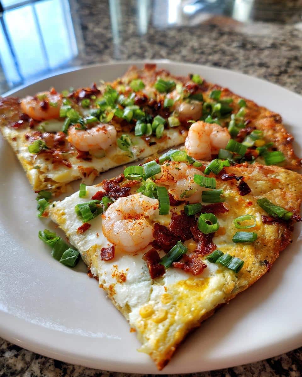 Two slices of Vietnamese Rice Paper Pizza topped with shrimp, bacon, and green onions.