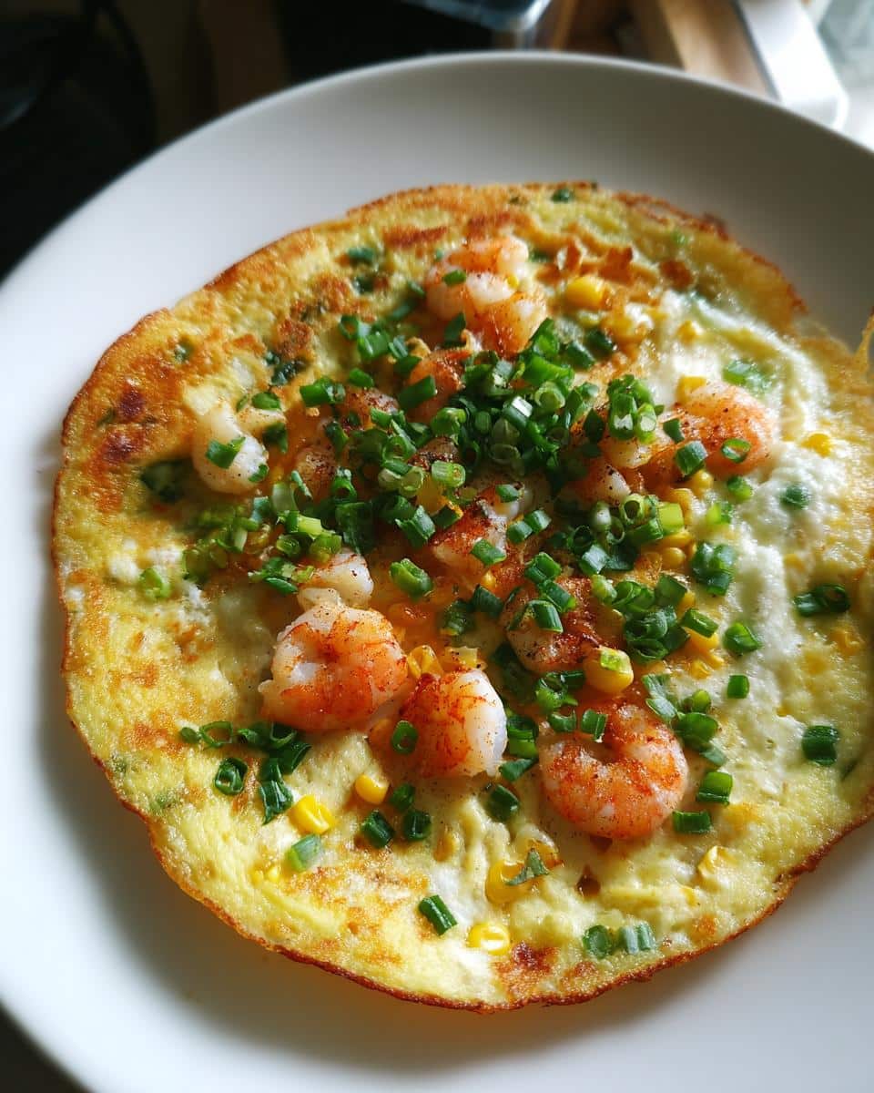 Close-up of a Vietnamese Rice Paper Pizza topped with shrimp, corn, and green onions.