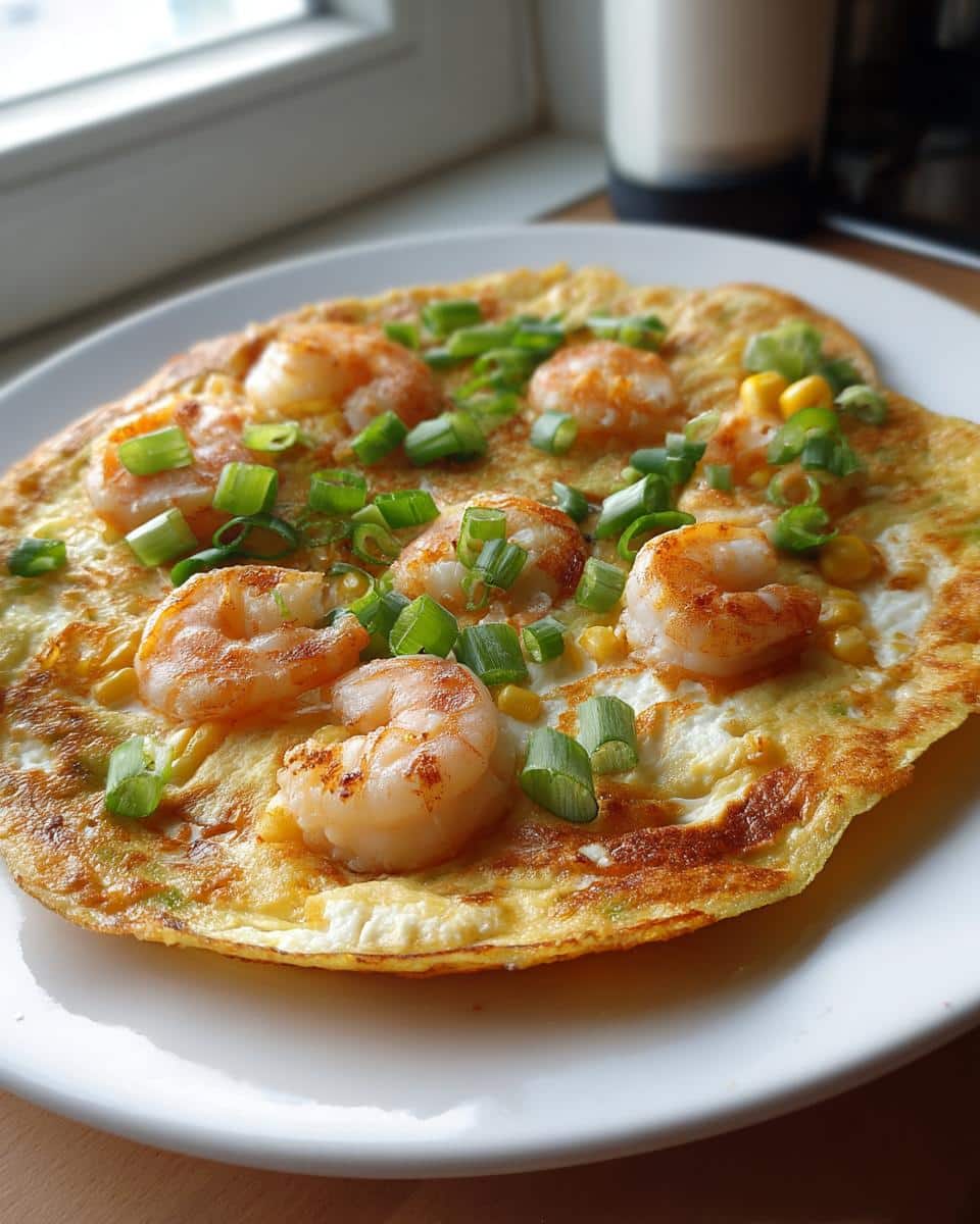 A close-up of a Vietnamese Rice Paper Pizza topped with cooked shrimp, corn kernels, and chopped green onions.