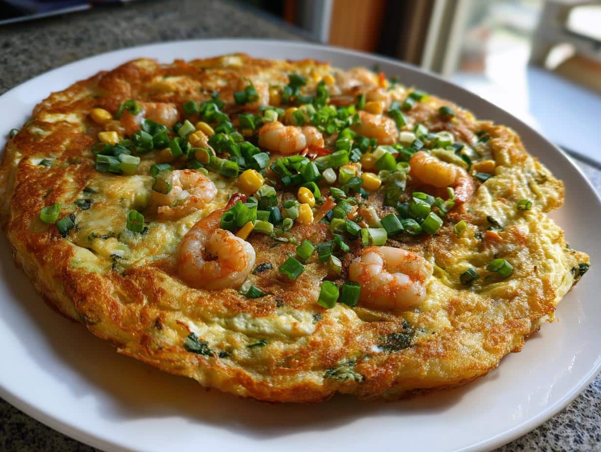 A golden-brown Vietnamese Rice Paper Pizza topped with cooked shrimp, corn, and chopped green onions.