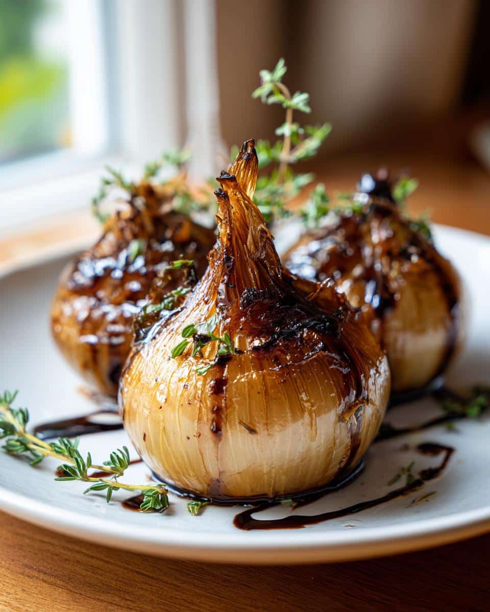 Three whole roasted onions glazed with a dark sauce and garnished with fresh thyme sprigs on a white plate.