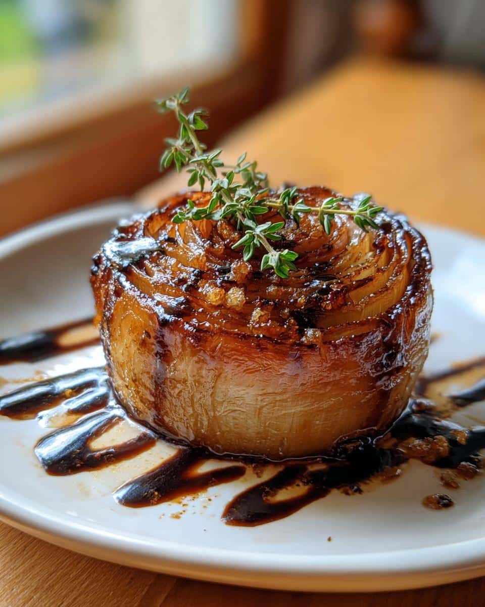 A beautifully caramelized whole roasted onion, drizzled with balsamic glaze and topped with fresh thyme sprigs.