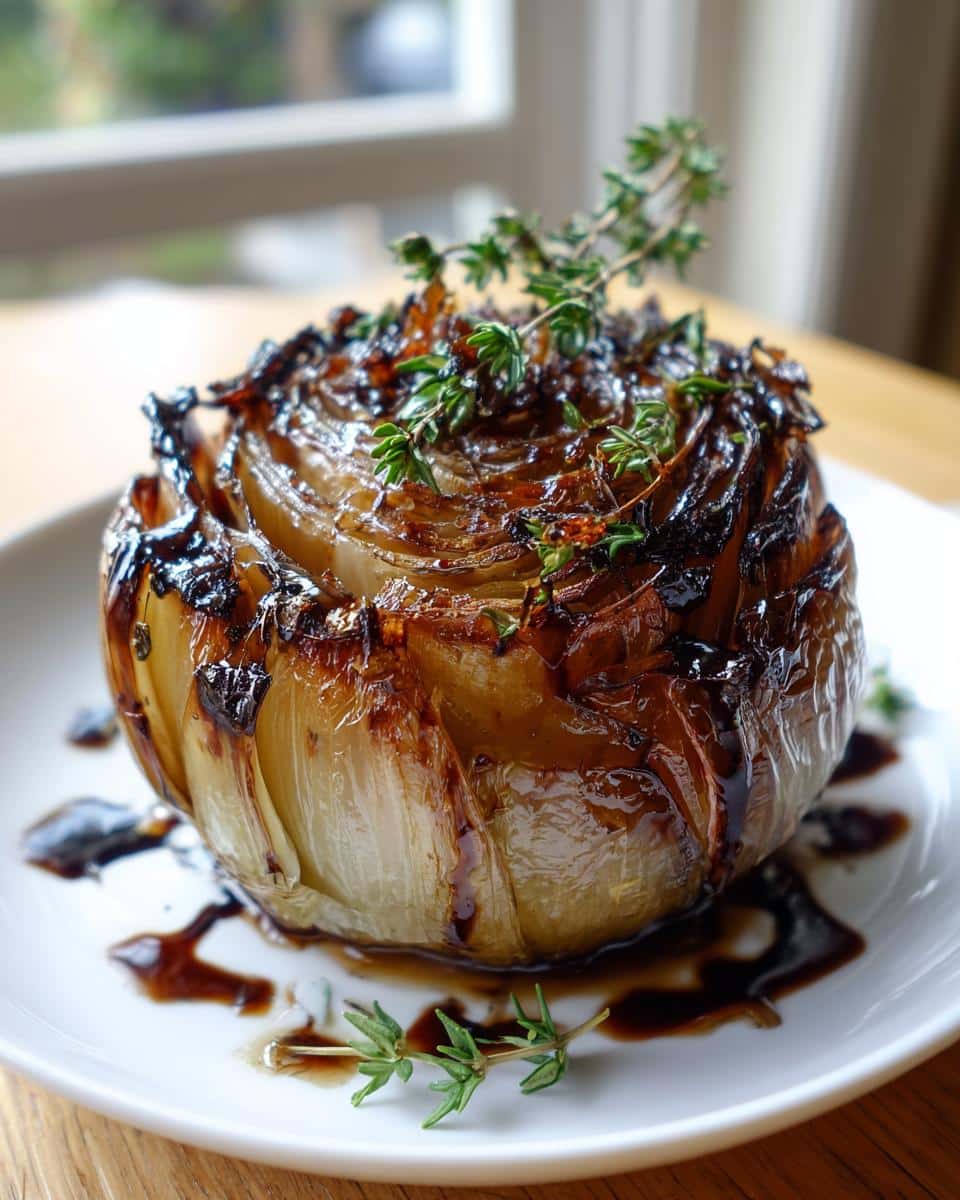 A beautifully glazed whole roasted onion topped with fresh thyme sprigs, served on a white plate.
