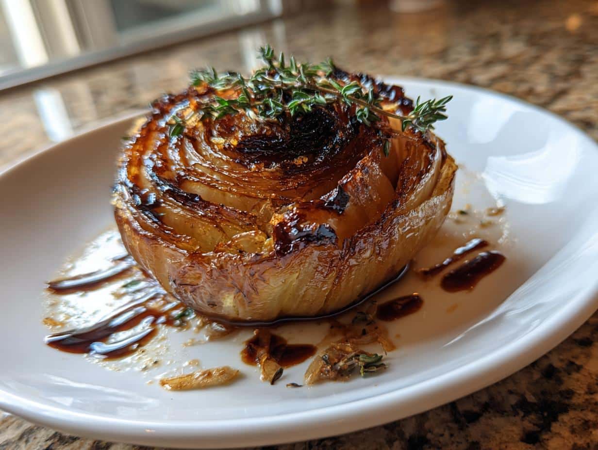 A perfectly cooked whole roasted onion, glazed and topped with fresh thyme sprigs, served on a white plate.