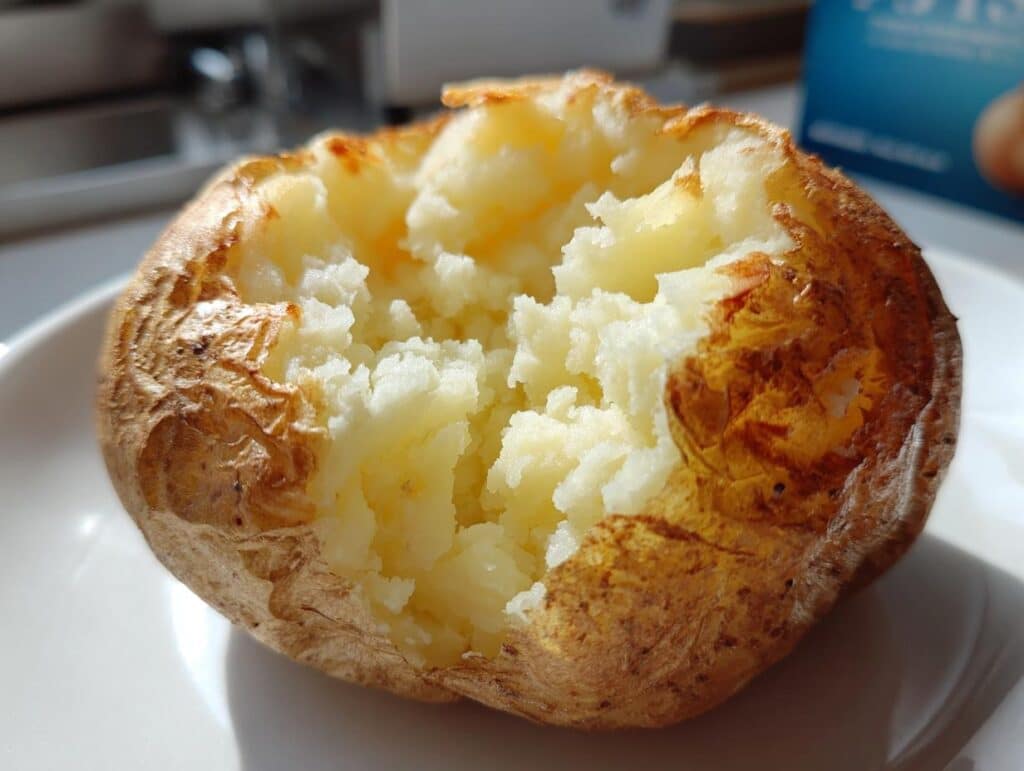 Close-up of a fluffy 6-minute “baked” potato on a white plate, showing the golden-brown skin and soft interior.