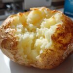 Close-up of a fluffy 6-minute “baked” potato on a white plate, showing the golden-brown skin and soft interior.