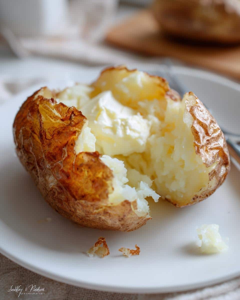 Close-up of a fluffy 6-minute “baked” potato on a white plate, topped with melting butter.
