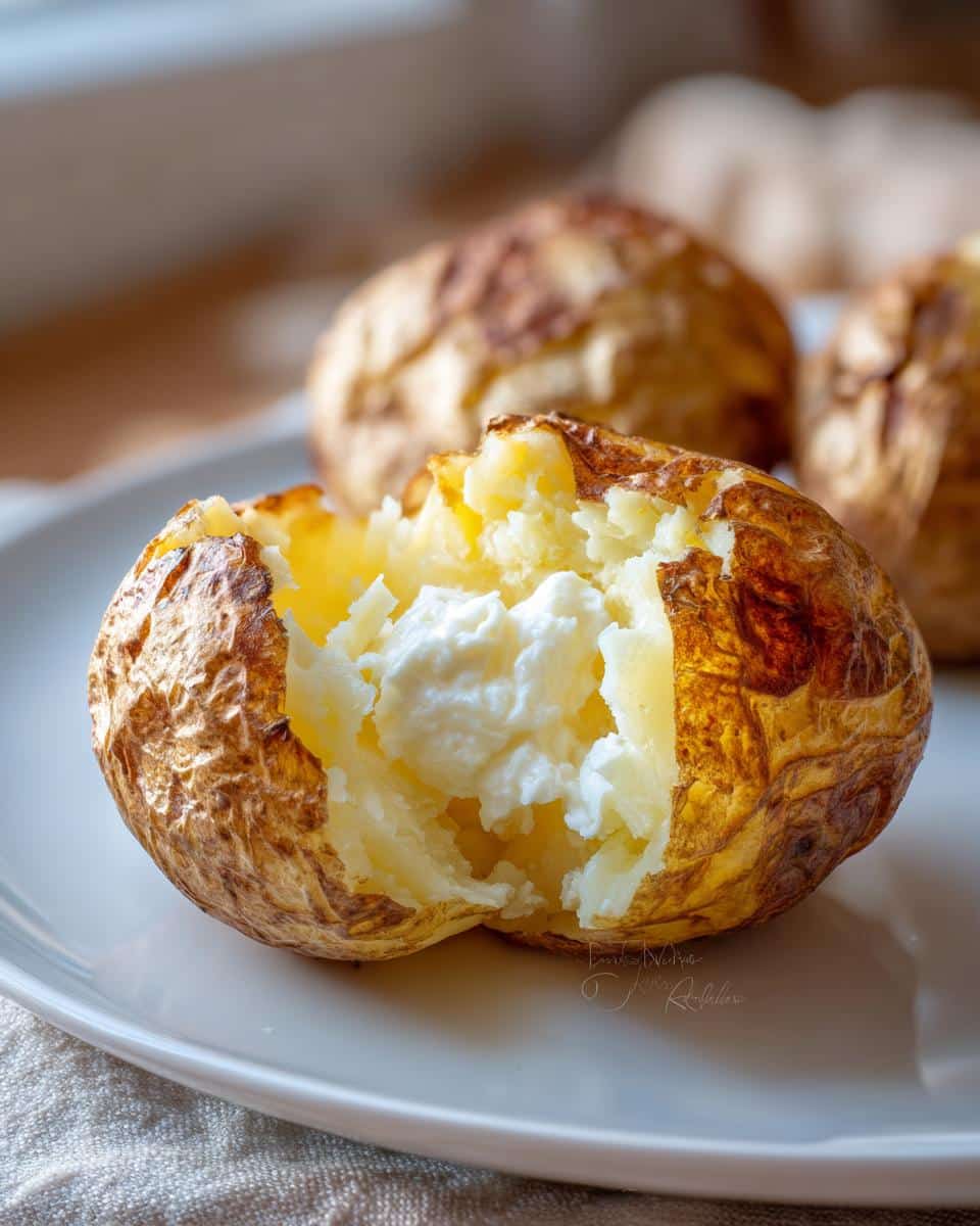 A 6-minute “baked” potato, split open and filled with a creamy white filling, on a white plate.