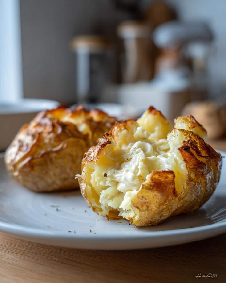 Two 6-minute “baked” potatoes on a plate, one split open and filled with a creamy topping.