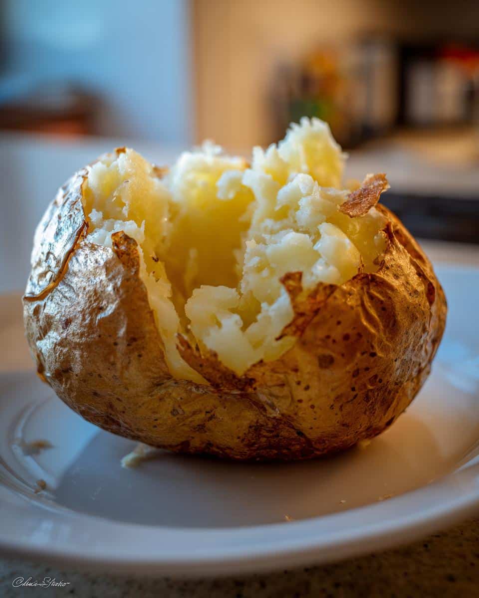Close-up of a fluffy 6-minute “baked” potato, split open on a white plate, showcasing its soft interior.