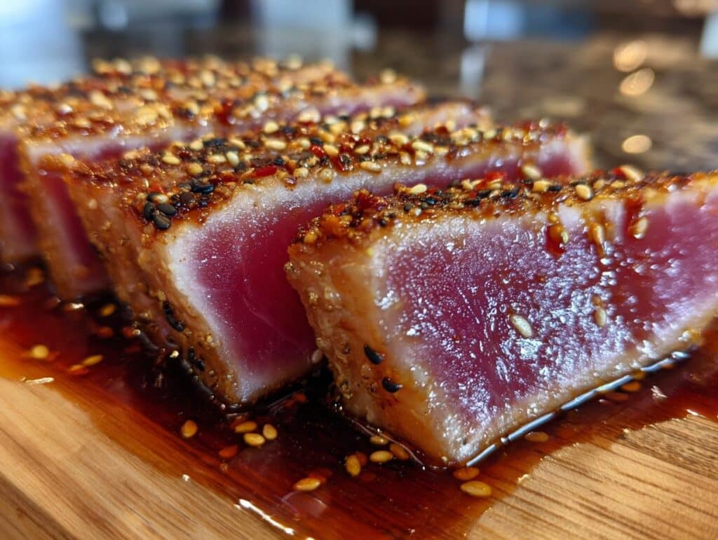 Close-up of perfectly seared ahi tuna steak recipe slices, coated in sesame seeds and drizzled with sauce.