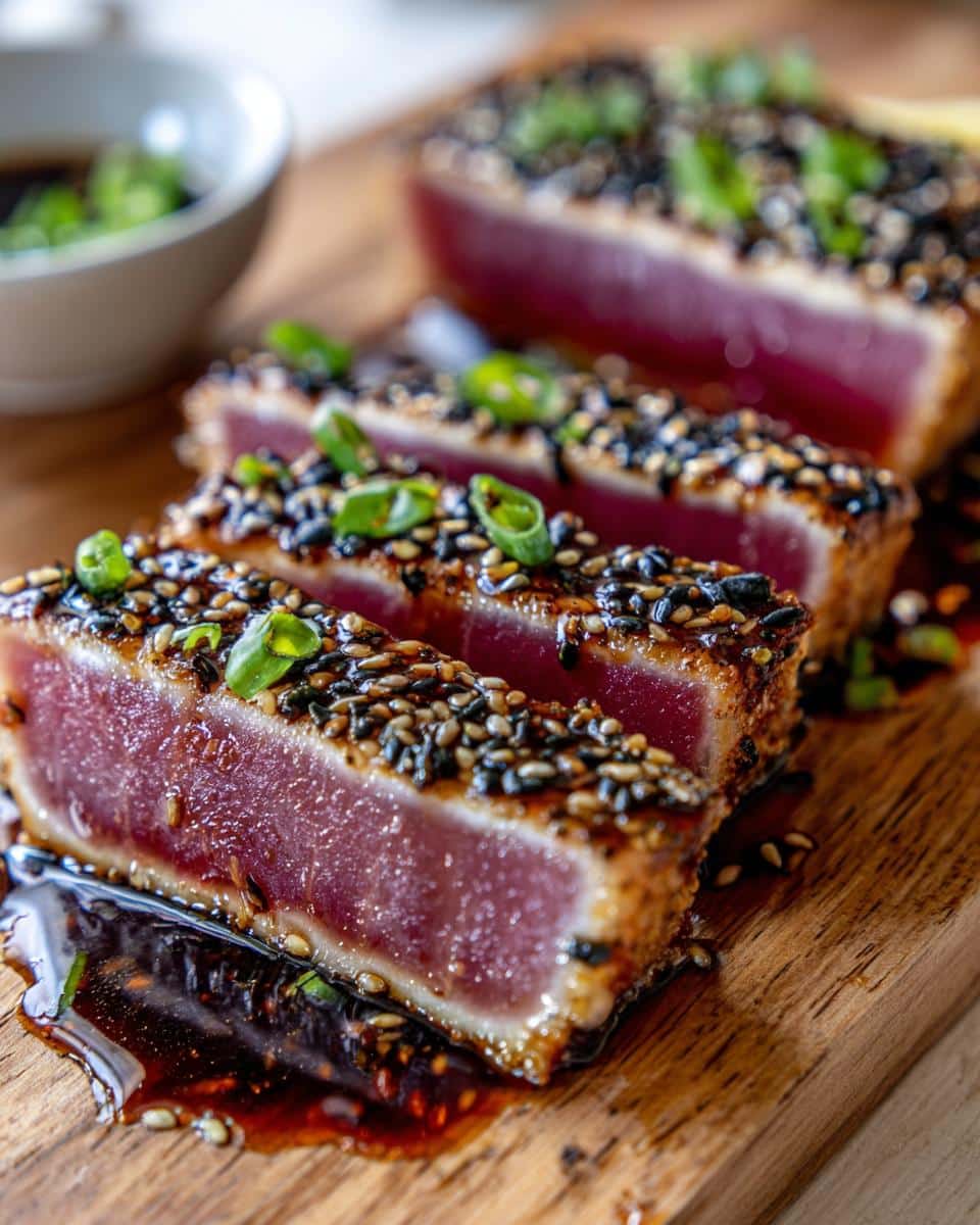 Close-up of perfectly seared ahi tuna steak recipe slices, coated in sesame seeds and drizzled with sauce.