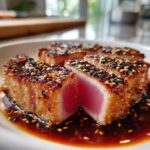 Close-up of perfectly seared ahi tuna steak recipe slices, coated in sesame seeds and drizzled with a savory sauce.