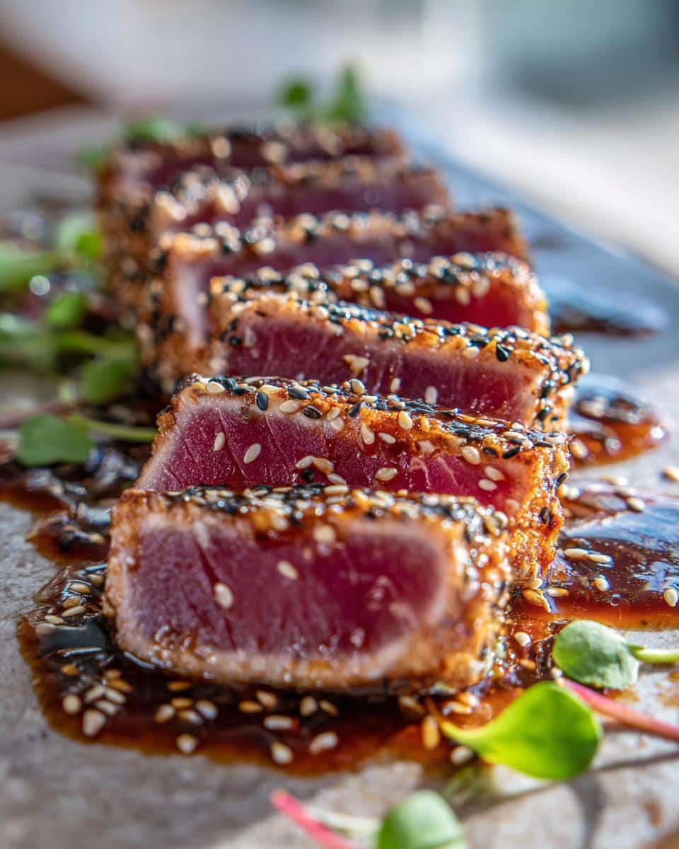 Close-up of perfectly seared ahi tuna steak recipe slices, coated in sesame seeds and drizzled with sauce.