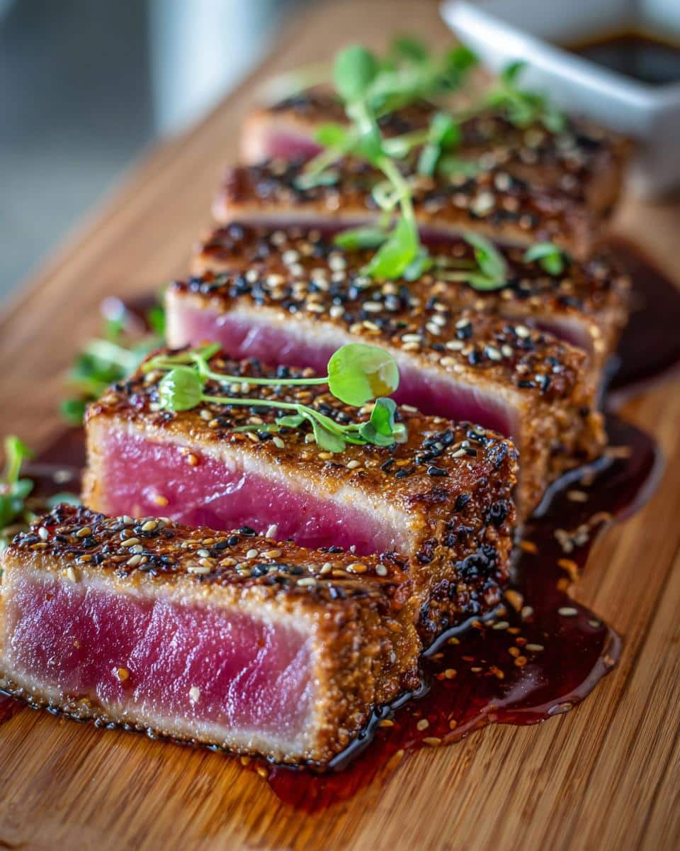 Close-up of perfectly seared ahi tuna steak slices, coated in sesame seeds, served on a wooden board with a dark sauce.
