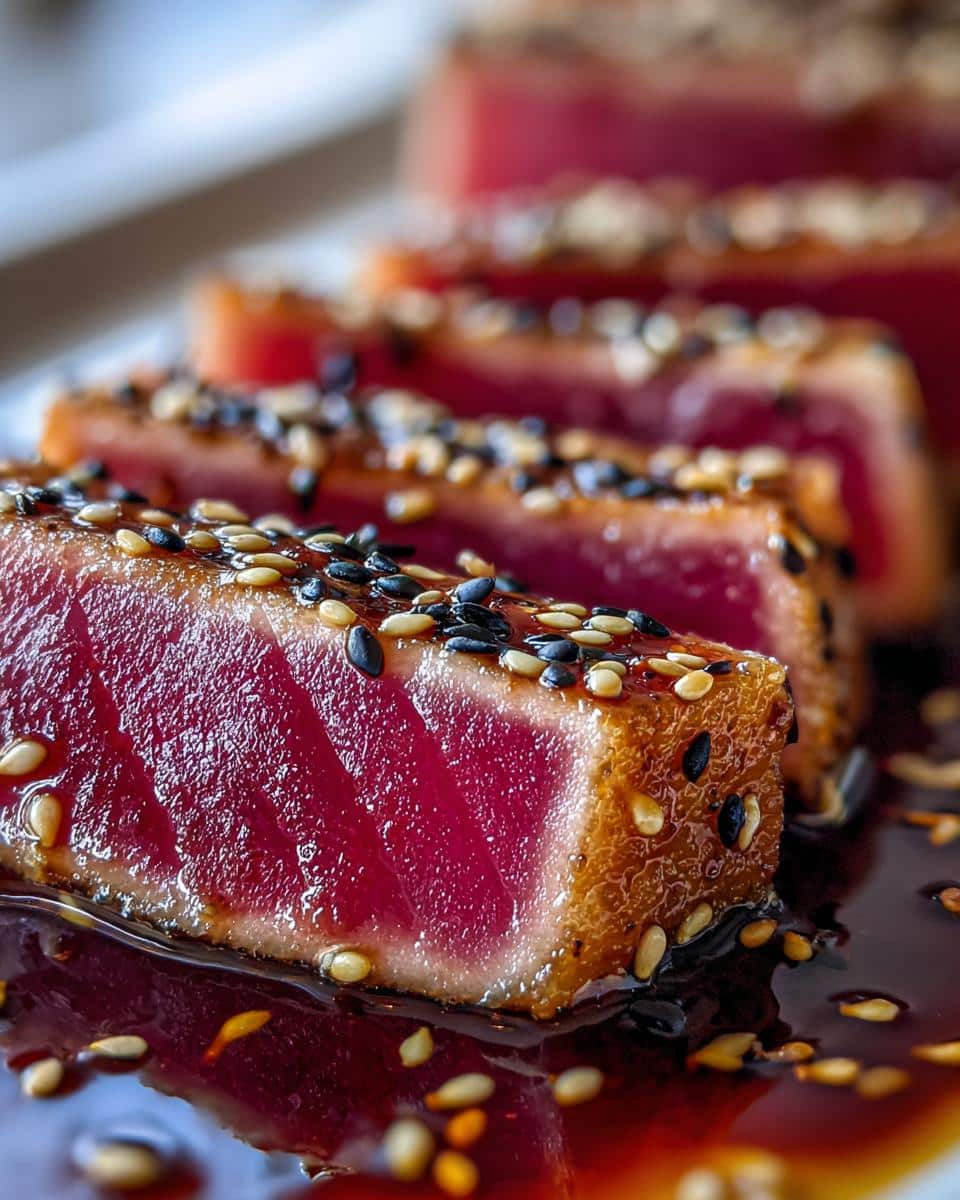 Close-up of perfectly seared ahi tuna steak recipe slices, coated in sesame seeds and drizzled with sauce.