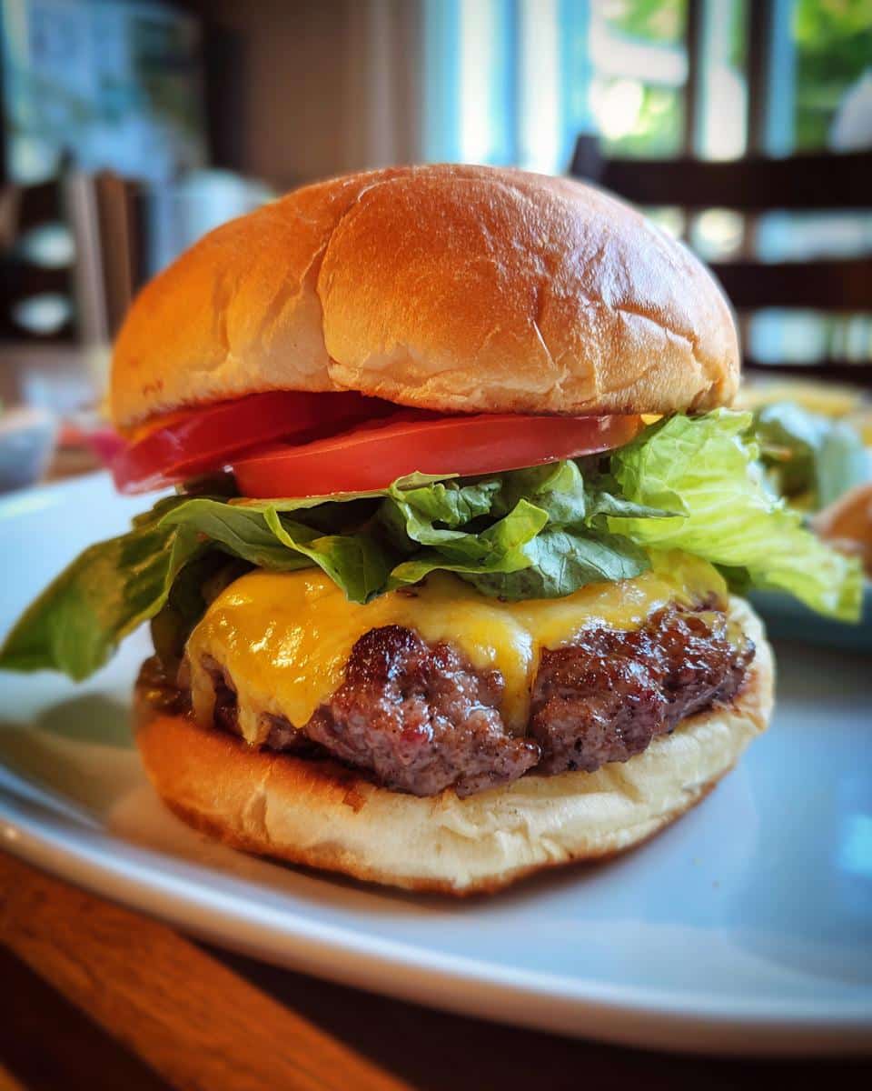 A delicious Air Fryer Burgers on a plate with melted cheese, lettuce, and tomato.