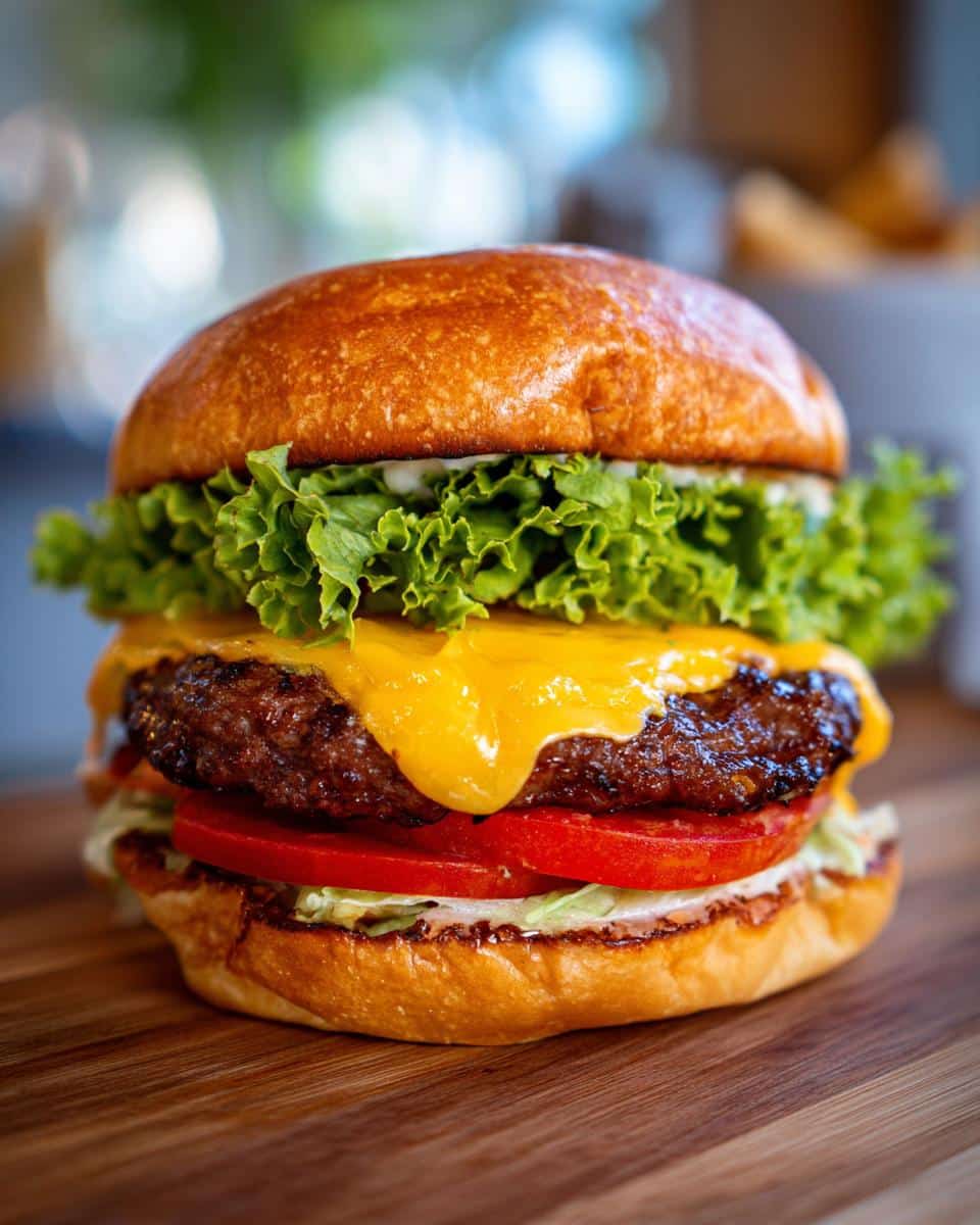 A delicious Air Fryer Burgers with melted cheese, lettuce, and tomato on a wooden board.